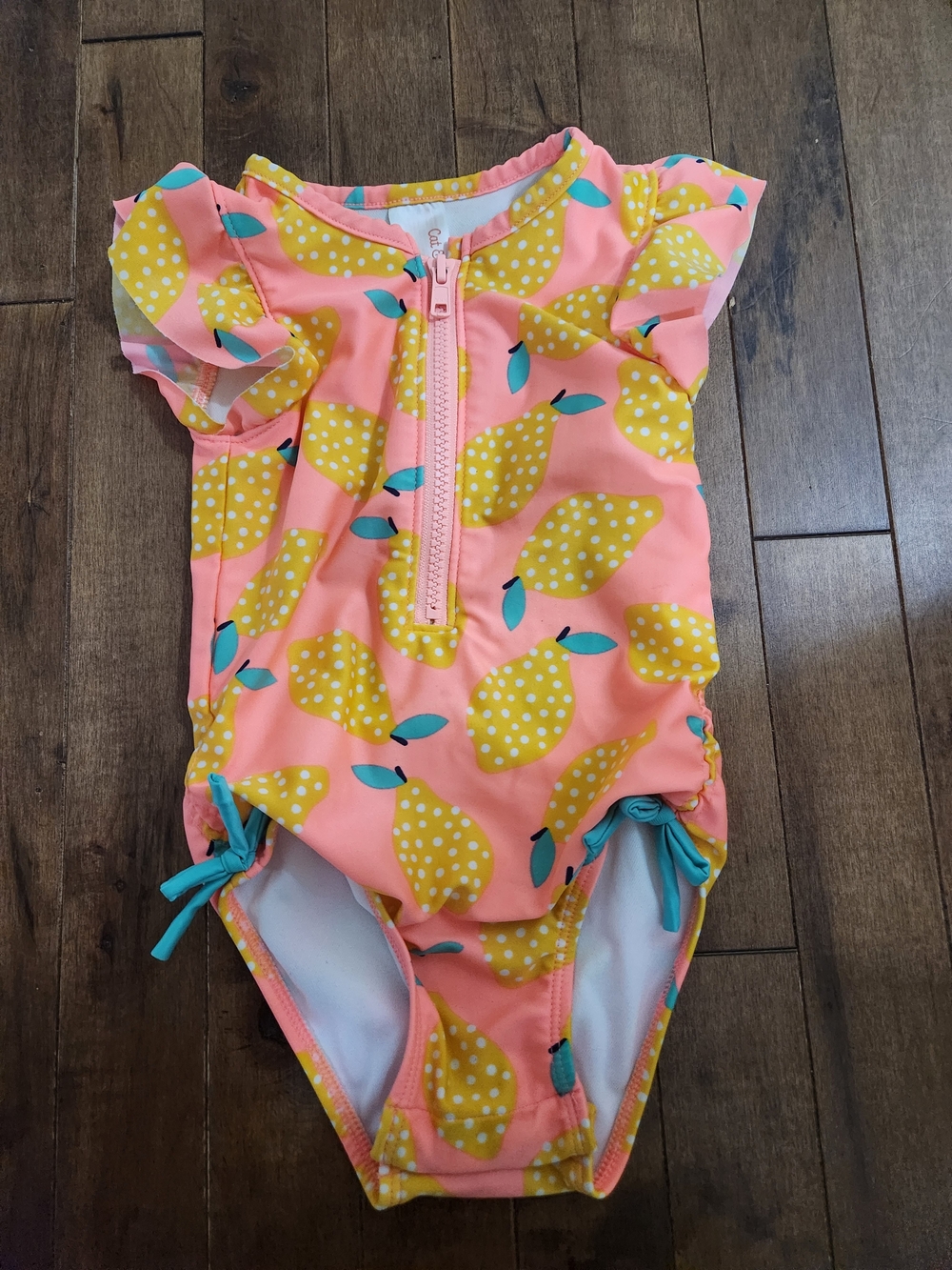 Cat & Jack Coral Pink Lemon Print One-Piece Swimsuit with Teal Ties